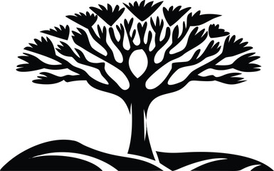 Obraz premium Stylized Black and White Silhouette of a Tree with Broad Canopy and Rolling Ground