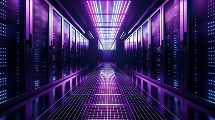 Semi-subterranean cyberpunk data bank with internal glow from layered fiber optics, sleek black walls, reflective grid floor, ambient purple-blue lights.