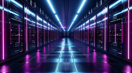 Obraz premium Semi-subterranean cyberpunk data bank with internal glow from layered fiber optics, sleek black walls, reflective grid floor, ambient purple-blue lights.