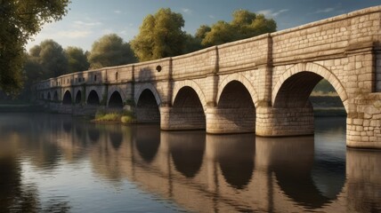 Naklejka premium Stone Arch Bridge Reflection on Calm River, Surrounded by Lush Green Trees and Blue Sky