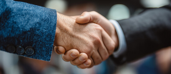 Businessmen shaking hands, focusing on the handshake and light background of an office setting. The scene conveys a connection between two business people in an open space with blurred walls and soft 