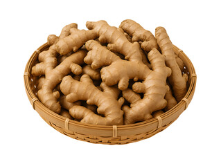Fresh ginger roots in a brown woven basket on black background