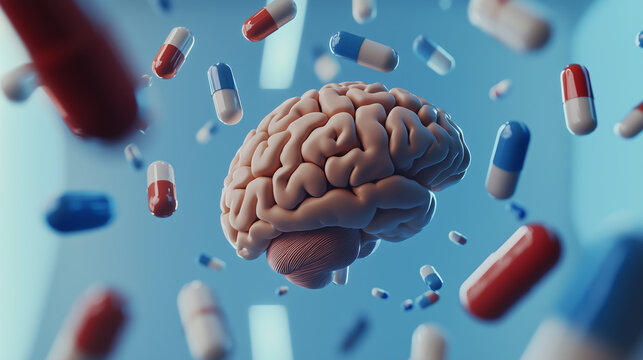 Floating brain surrounded by colorful capsules in futuristic setting