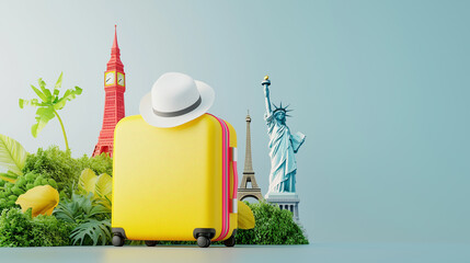 Explore iconic landmarks with a vibrant suitcase and sun hat