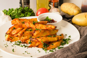baked potatoes with paprika and garlic, topped with fresh parsley and rich tomato sauce an irresistible homemade dish served fresh from the oven.
