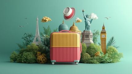 Colorful suitcase surrounded by famous landmarks and greenery