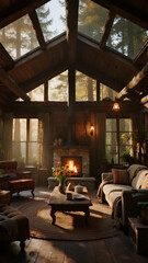 ceiling-down view of a rustic wooden cabin in the forest