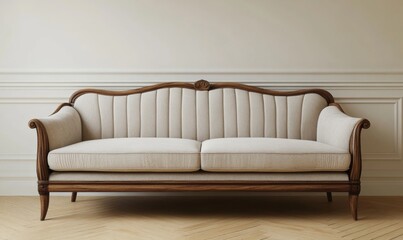Edwardian sofa with simple lines and a wooden frame, understated elegance, 3D illustration