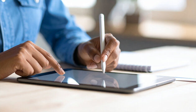 Young business woman hands holding electronic pen ( stylus pen ) and working on black digital tablet pc with laptop computer on the desk at modern home office. Remote working, online learning concept. - Powered by Adobe