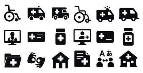 Healthcare and medical solid icons set &ndash; flat, hospital, wellness symbols