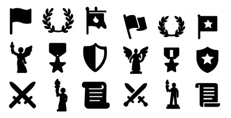 Military and honor silhouette icons set – solid, filled, badges and symbols