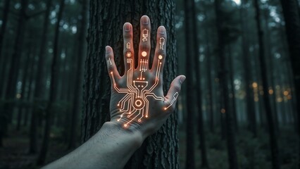 Cyberpunk Hand in Forest - Tech Nature - Cyberpunk/Sci-fi