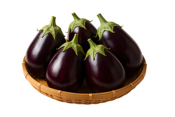 Five shiny dark eggplants in a woven basket on black background