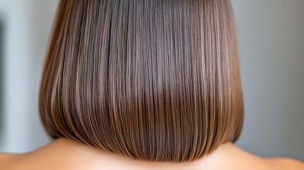 Straight brown bob haircut with smooth texture and sleek finish shown from behind, demonstrating professional hairstyling and modern cut technique.