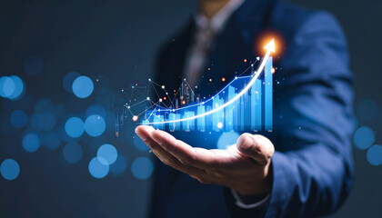 Businessman holding rising bar chart with glowing arrows. Concept for business growth, financial success, profit increase, investment strategy, stock market and data analytics