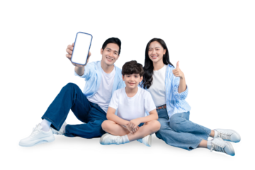 A joyful family of three shows a phone screen together on PNG 