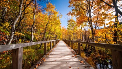 Scenic wooden bridge among golden autumn trees under blue sky.