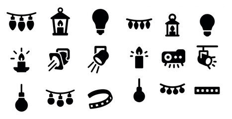 Home lighting silhouette icons set – solid, filled, illumination and decor symbols