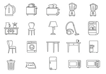 Line art depicts various home appliances and furniture arranged in a grid layout on a white background