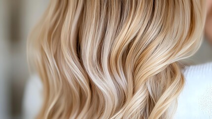 Fototapeta premium Luxurious blonde wavy hair with balayage highlights close up. Soft flowing waves showcase professional hair coloring technique and healthy shine. Modern hairstyling for beauty salon.