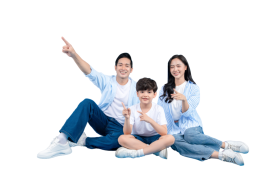 A family of three sitting and pointing towards the sky. The father and mother and a son are sitting closely together, and all of them look happy. on PNG 