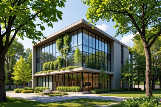 creative visual of an eco friendly office building surrounded by trees showing green building practices saving energy conserving water and supporting environmental health for a sustainable future natu