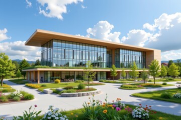 Fototapeta premium visual of a modern green hospital with renewable materials energy efficient design and natural ventilation illustrating sustainable construction practices reducing pollution conserving resources and s