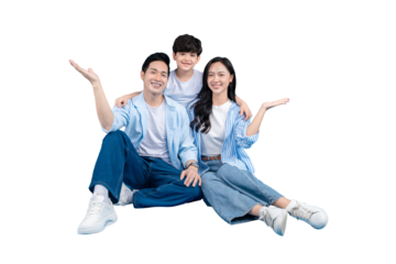 A happy family of three smiling and posing with open hands on PNG 