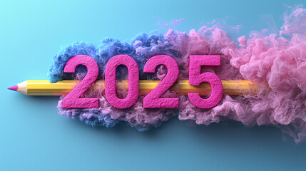 Creative design for the year 2025 featuring pastel smoke and pencil