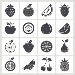 Vector Icon Set: Fresh Fruits - Strawberry, Watermelon, Apples, Cherries, Peach, Plum, Orange, Lemon