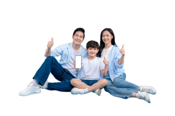 A happy family of three, showing thumbs up and holding a smartphone. Smiling and sitting in comfortable attire, they are a picture of happiness and modern family values on PNG 