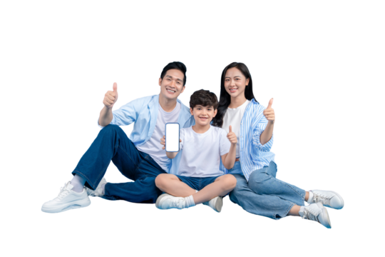 A happy family of three, showing thumbs up and holding a smartphone. Smiling and sitting in comfortable attire, they are a picture of happiness and modern family values on PNG  - Powered by Adobe