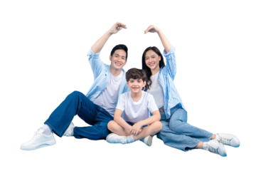 A happy family posing and creating a house shape with their arms. The family consists of two parents and a child, all smiling and enjoying a happy moment on PNG 