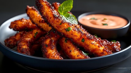 Spicy grilled chicken wings with honey glaze served on black plate with creamy dipping sauce and fresh herbs, close up view on dark background.
