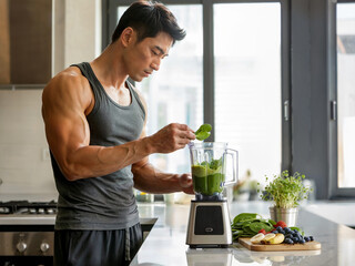 Muscular Asian man making healthy green smoothie with spinach and fruits using blender in modern kitchen