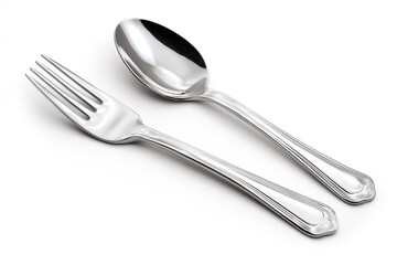 Elegant polished silverware set, featuring a shiny fork and spoon, perfect for dining presentations and culinary themes.