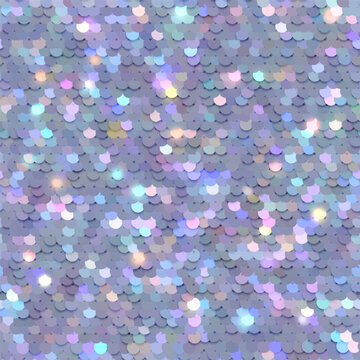 Seamless iridescent sequins glitter texture. Fabric with paillettes closeup. Seamless vector realistic background of shiny material with holographic effect.