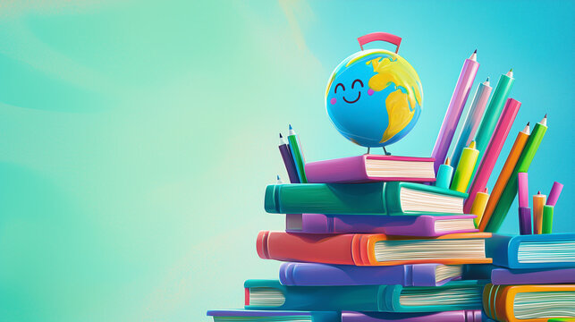 Colorful books stacked with a cheerful globe on top against a blue background