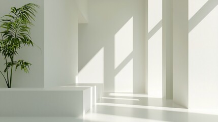Minimalist interior with geometric shapes, bright sunlight and a green potted plant