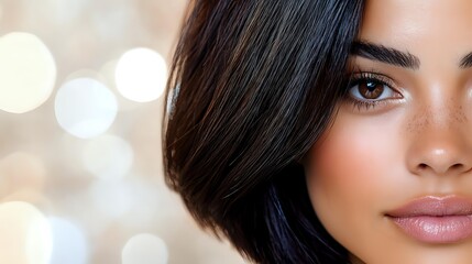 Close up portrait of young Hispanic woman with natural makeup and glowing skin against soft bokeh background, showcasing modern beauty and wellness trends.