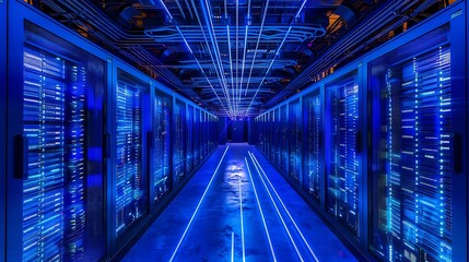 Obraz premium Underground cyberpunk server hub glowing with neon blue beams, hovering data streams, cable pathways in perfect rows, 3D rendered style.