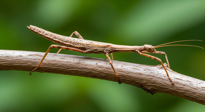 Walking stick insect or Phasmids (Phasmatodea or Phasmatoptera) also known as stick insects, stick-bugs, walking sticks, bug sticks or ghost insect. Selective focus, blurred background with copy space