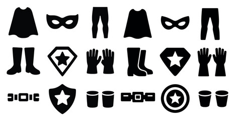 Superhero costume silhouette icons set – cartoon, hero, adventure graphics