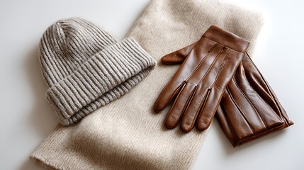 Flat lay of Warm winter wool cap,gloves and scarf isolated on the white background 