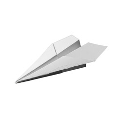 A single, off-white paper airplane, meticulously folded from torn, creased paper, rests on a soft transparent background, evoking nostalgic minimalism.