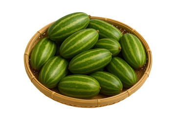 Green striped fruits in a woven basket on black background