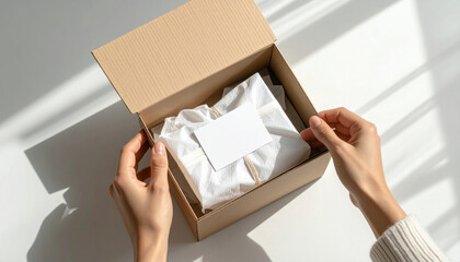 POV of hands wrapping a small product with silk tissue inside a box, elegant sticker, top view, gift packaging, premium presentation, copy space