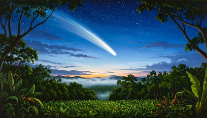 Obraz premium Lush jungle vista at dawn with comet