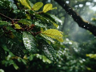 Rain drops on leaves in a tropical forest