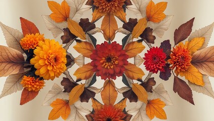 Displaying floral mandala on cream backdrop, with autumn chrysanthemum, dahlias and dried leaves